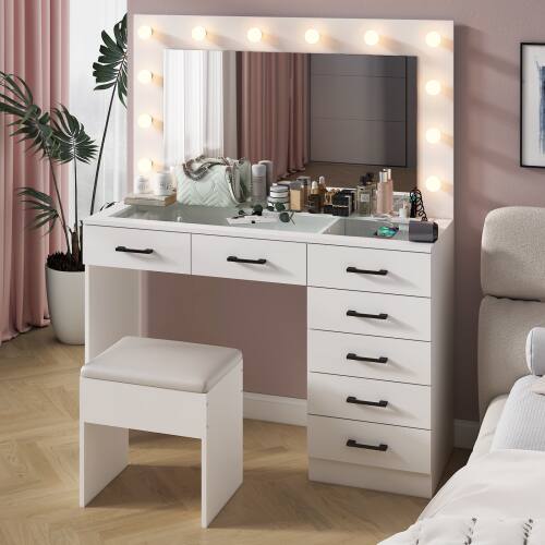 Alt View 5. Winado - Vanity Makeup Table Set Dressing Desk Glass Visual Desktop with 3 Colors LED Lights Bulbs Mirror, 7 Drawers,USB Ports - White.