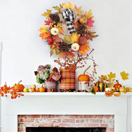 Front. Acekool - 20" Fall Wreath for Front Door, Artificial Maple Leaves, Pumpkin, Pinecones & Berries, Black and White Plaid Ribbon - Green.