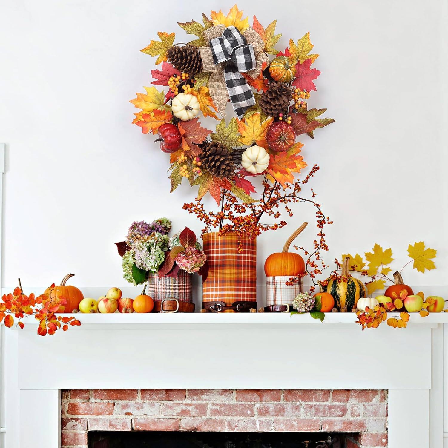 Front. Acekool - 20" Fall Wreath for Front Door, Artificial Maple Leaves, Pumpkin, Pinecones & Berries, Black and White Plaid Ribbon - Green.