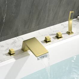 Boyel Living - 4.72 in.W Sloped Bathtub Hot and Cold Water Faucet with Handheld Shower and Waterfall Outlet 5-Hole - Brushed Gold