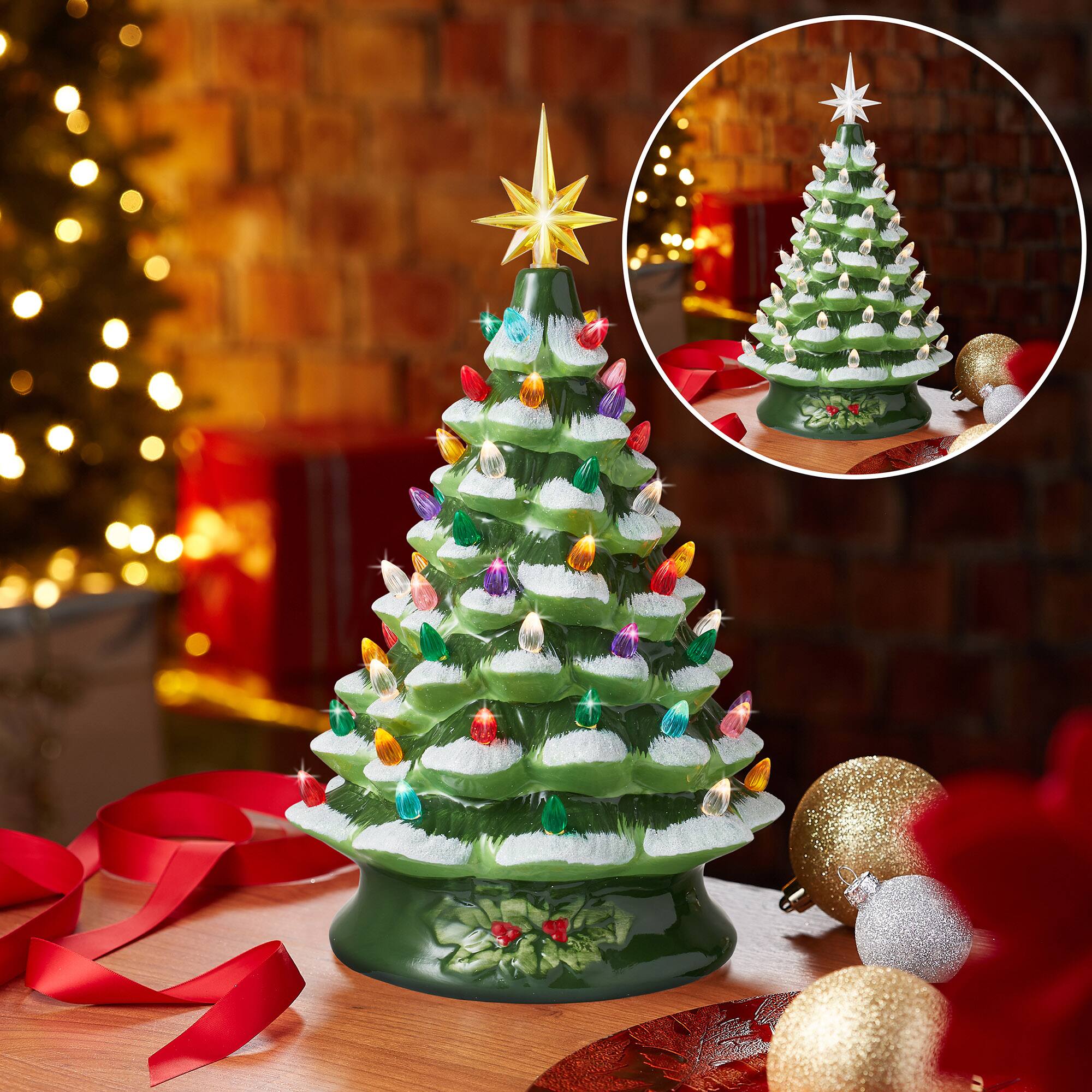 Alt View 6. Casafield - 15-in Hand Painted Ceramic Christmas Tree - Pre-Lit Tree with Star - Green Snow Flocked.