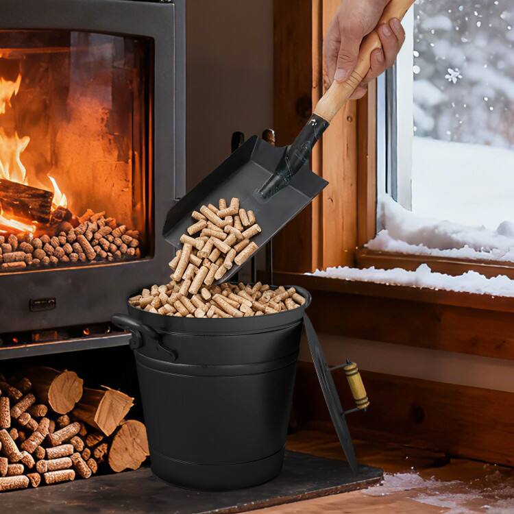 Back. Mondawe - 2.9 Gallon Metal Coal Ash Can with Wooden Lid and Side Grips for Fireplace Fire Pits - Black.