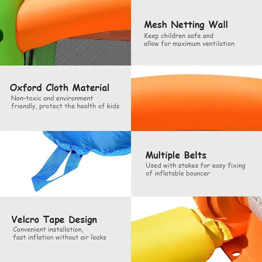 The text on the image can be grouped and corrected as follows:

1. Mesh Netting Wall: Keep children safe and allow for maximum ventilation.
2. Oxford Cloth Material: Non-toxic and environment friendly, protect the health of kids.
3. Multiple Belts: Used with stakes for easy fixing of inflatable bouncer.
4. Velcro Tape Design: Convenient installation, fast inflation without air leaks.