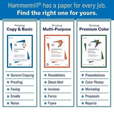 Hammermill® has a paper for every job. Find the right one for yours.

**Printing Copy & Basic**
- General Copying
- Proofing
- Faxing
- Emails
- Notes

**Printing Multi-Purpose**
- Newsletters
- Direct Mail
- Invoices
- Forms
- Flyers

**Printing Premium Color**
- Presentations
- Color Photos
- Marketing
- Proposals
- Reports