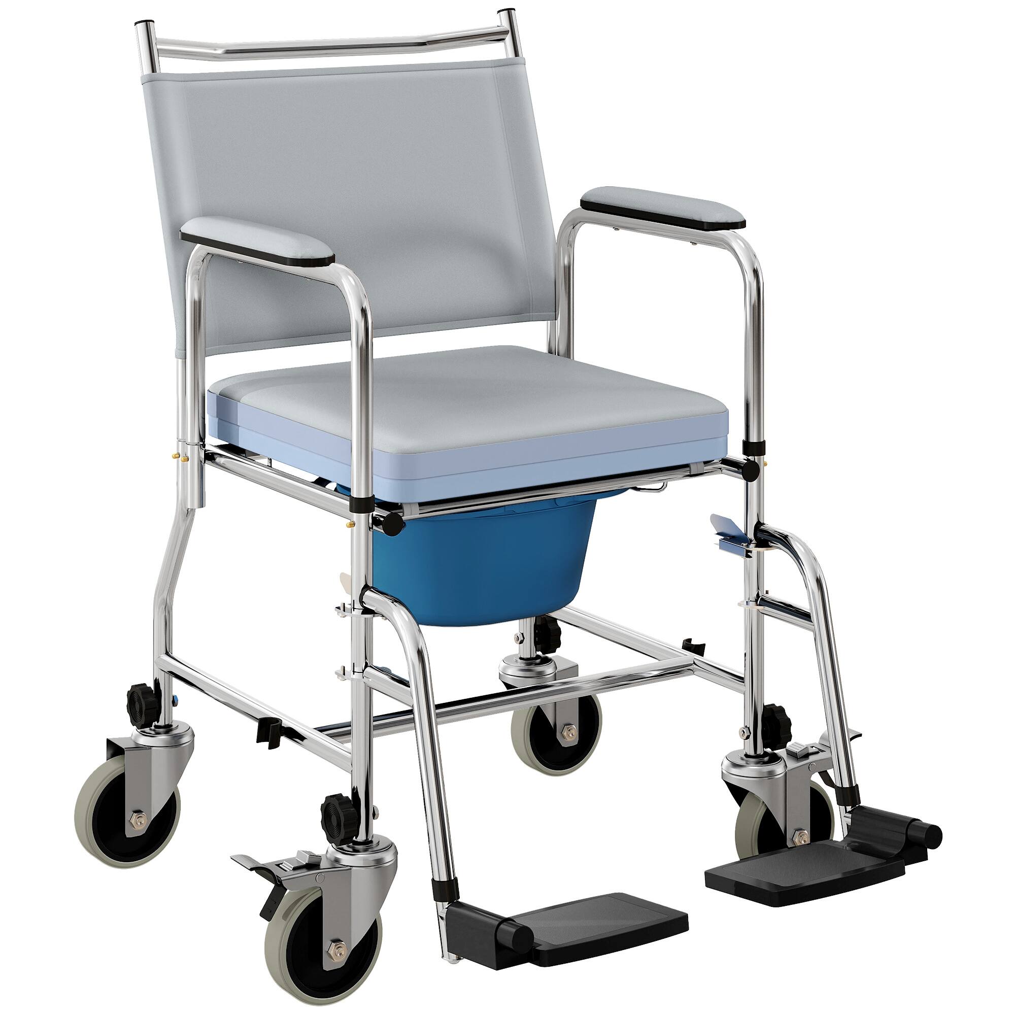 Front. Homcom - Rolling Commode & Shower Chair with Wheels, 3 in 1 Bedside Commode Chair with Padded Seat, Backrest, for Handicap - Gray.