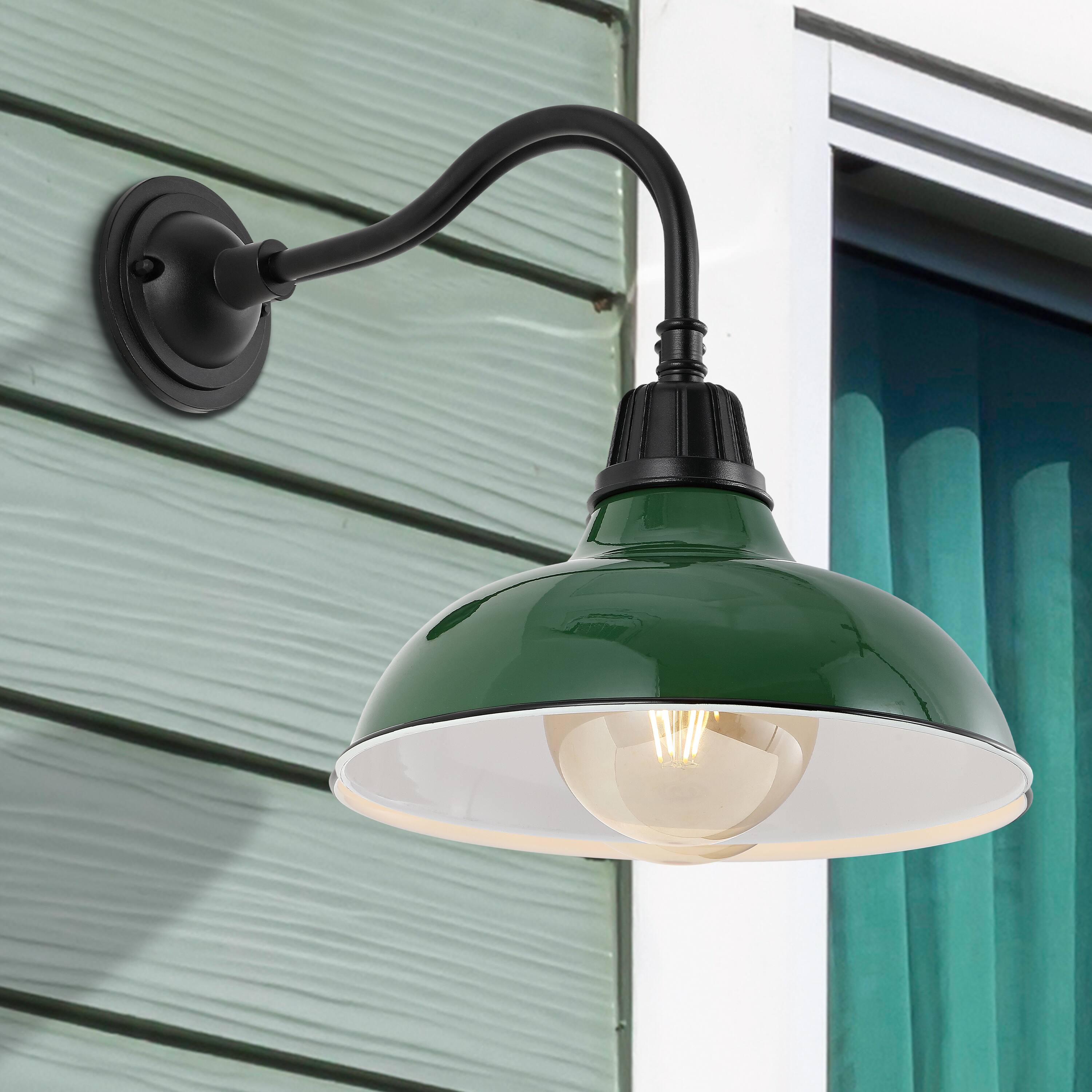 Alt View 7. Jonathan Y - Aurora 12.25" 1-Light Farmhouse Industrial Indoor/Outdoor Iron LED Gooseneck Arm Outdoor Sconce, Green - Green/Black.