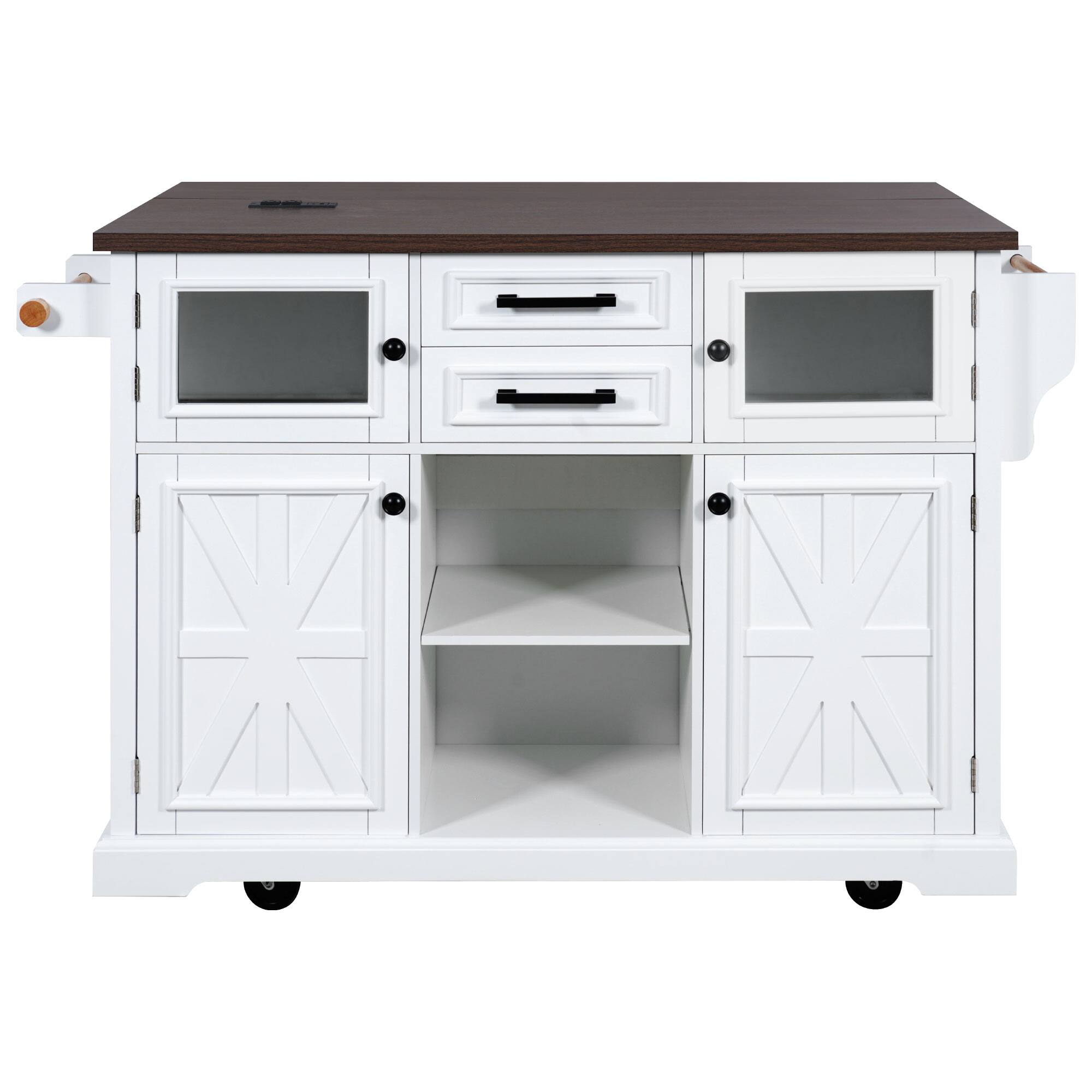 Alt View 2. Forest'nSky - 54.9" Kitchen Island with Drop Leaf & Power Outlet Rolling Storage Cart with 4 Doors,White - White.