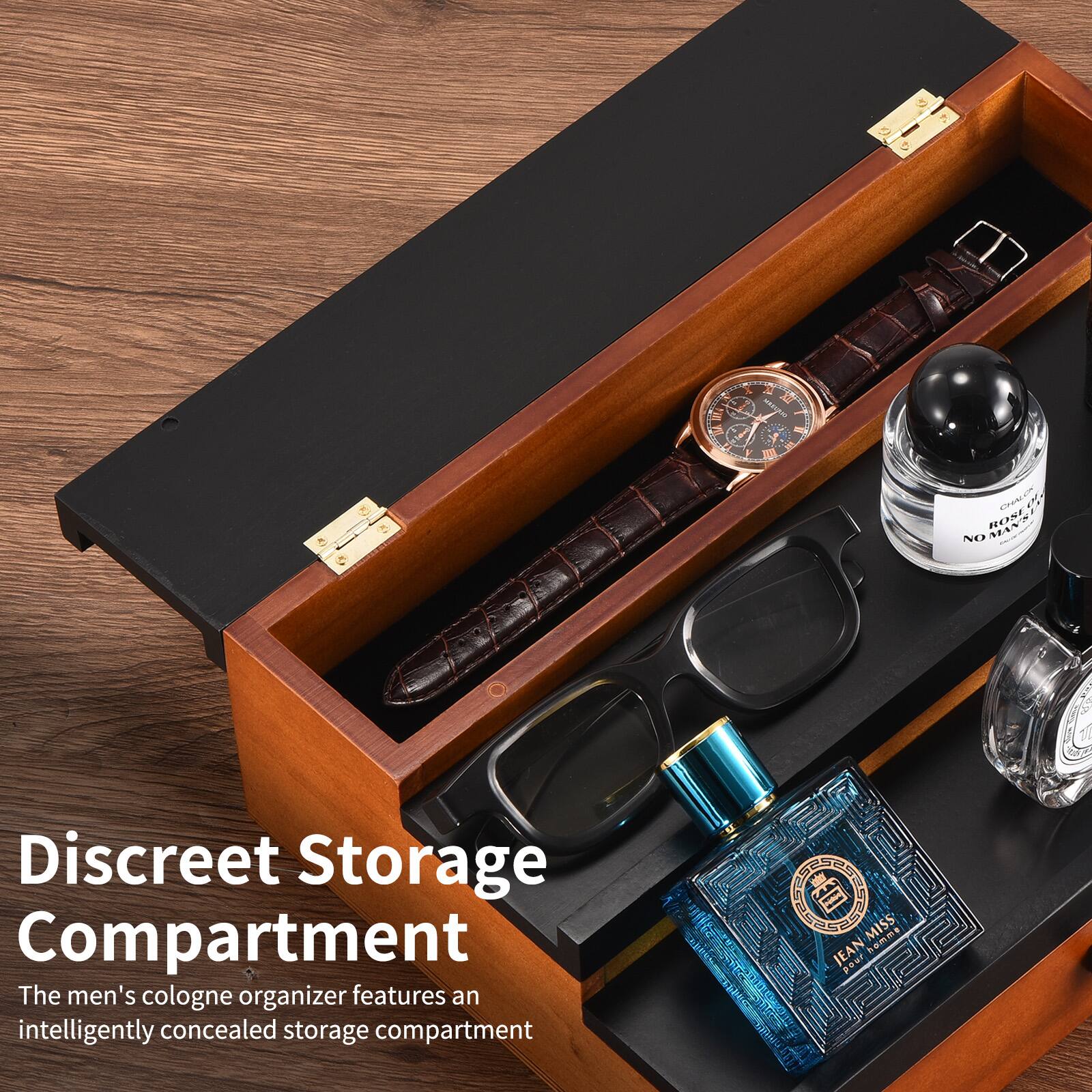 Discreet Storage Compartment

The men's cologne organizer features an intelligently concealed storage compartment.