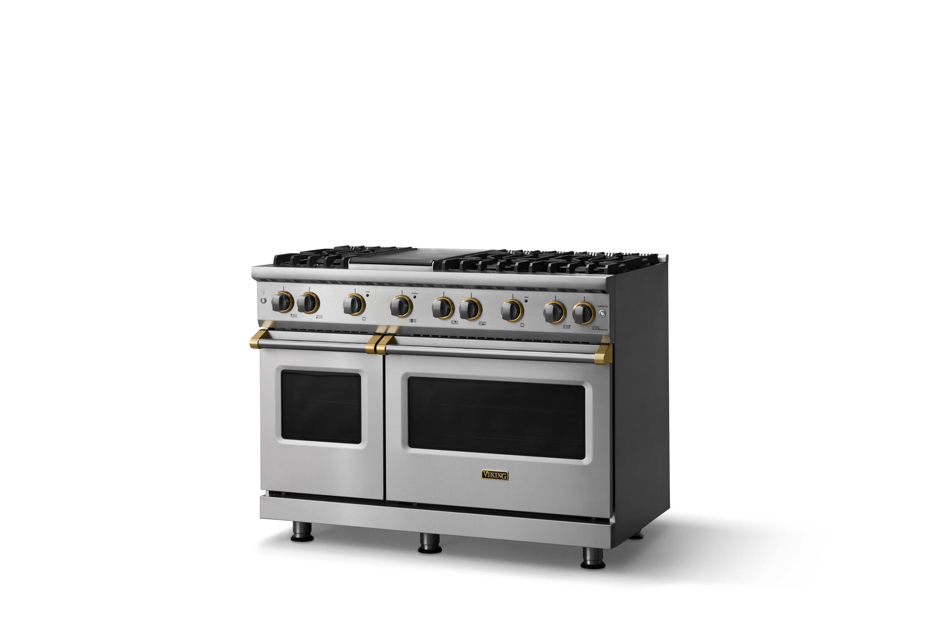 Angle. Viking - 48"W. 6.1 Cu.Ft. Freestanding Manual Clean Sealed 8B Gas Convection Range/Grdl/Double Oven-Stainless Steel/Brushed Brass - Stainless Steel.