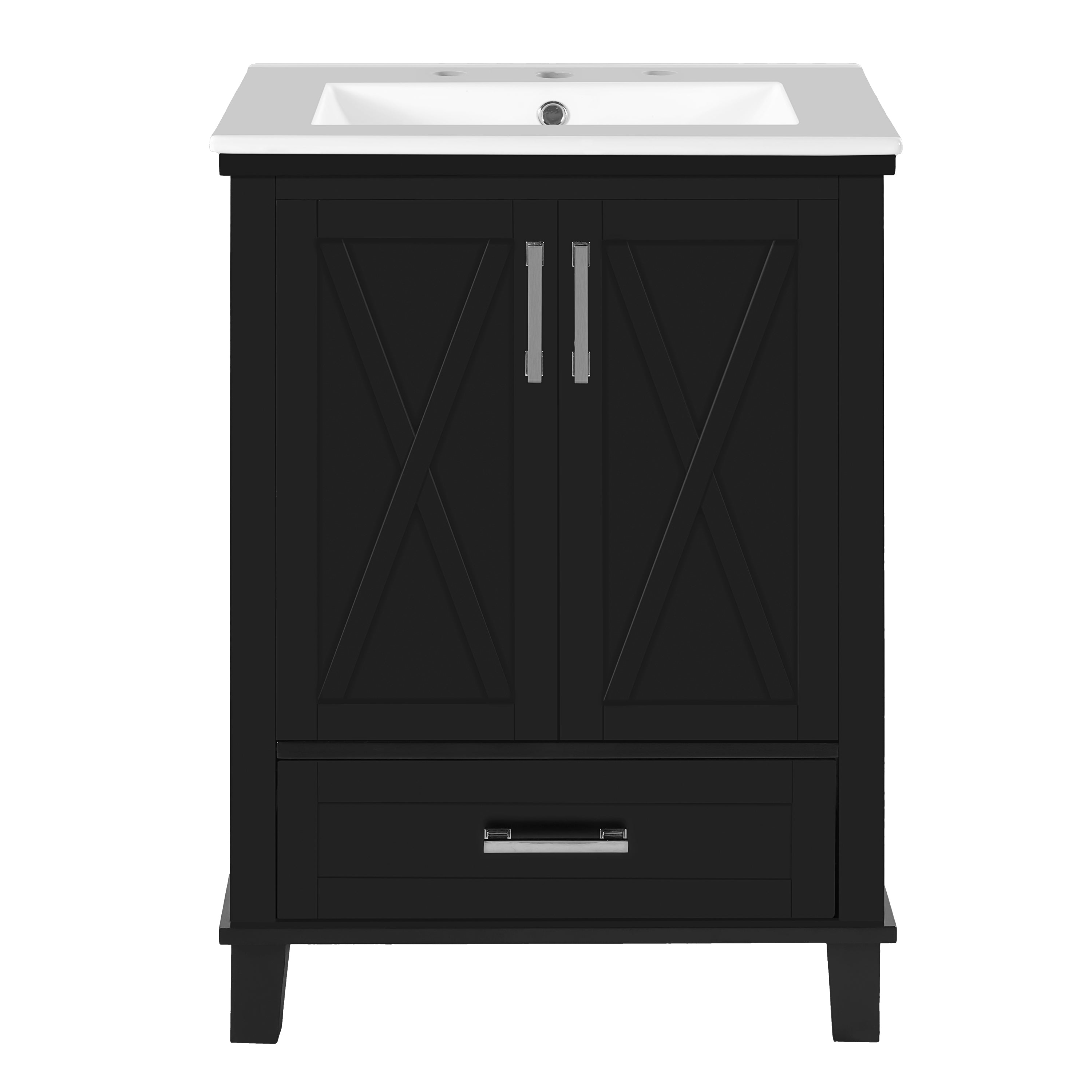 Angle. Boyel Living - 24 Inch Black Bathroom Vanity with Ceramic Sink, 2 Soft Close Doors, 1 Divided Drawer, Dual Door Shelves - Black.
