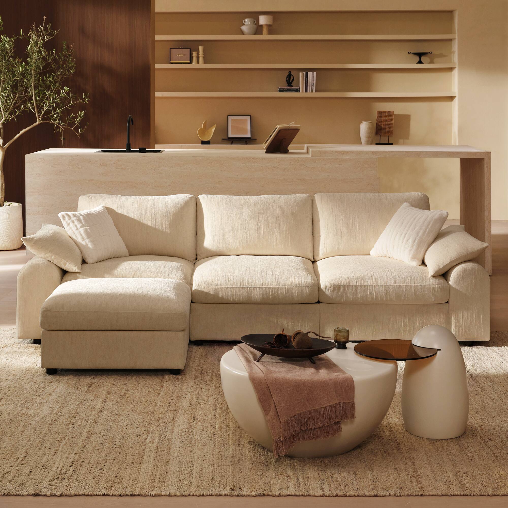 Angle. ModernMate - Chenille Cloud Modular Sectional, Down-Blend Cushions, Tool-Free Assembly, Machine-Washable Covers - Beige.