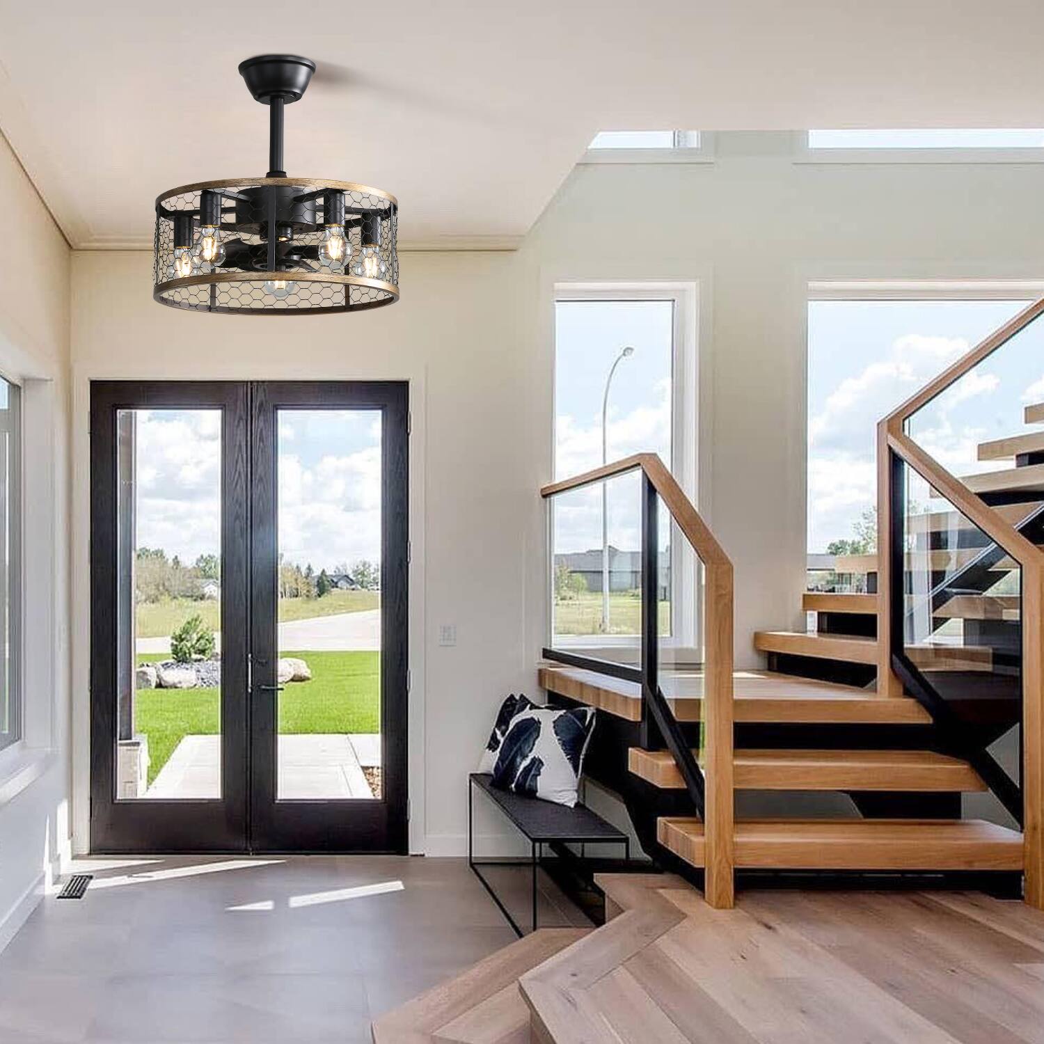 Front. Akoasm - 20" Black Cage Ceiling Fan with Remote & Light, 7 ABS Blade Industrial Fan, DC Motor with Timer.