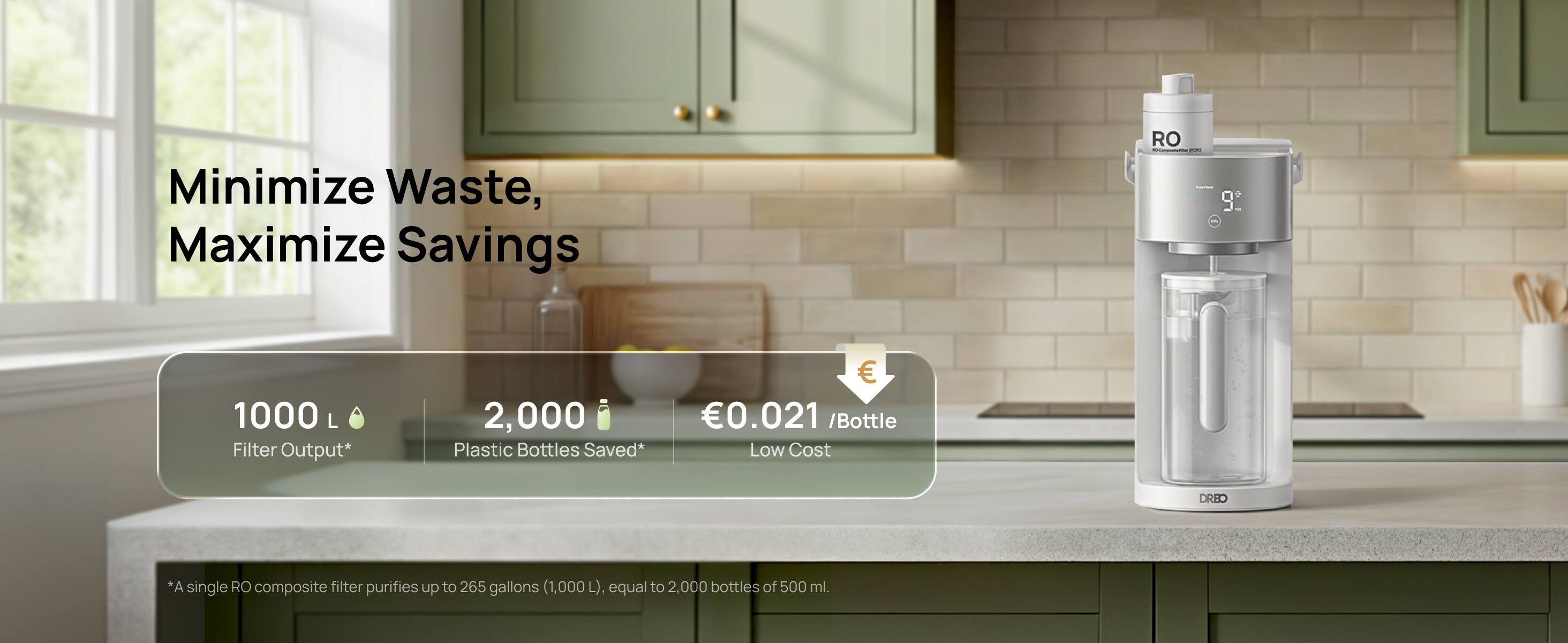 Minimize Waste, Maximize Savings

RO 800mpalleTter 900

1000 L Filter Output*
2,000 Plastic Bottles Saved*
0.021 /Bottle Low Cost

DREO

*A single RO composite filter purifies up to 265 gallons (1,000L), equal to 2,000 bottles of 500 ml.
