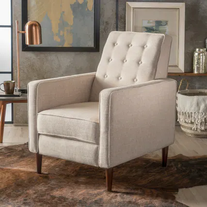 Front. Loheer - Loheer Fabric Recliner Chair, Mid-Century Pushback Tufted Sofa with Wooden Legs for Living Room - Gray.