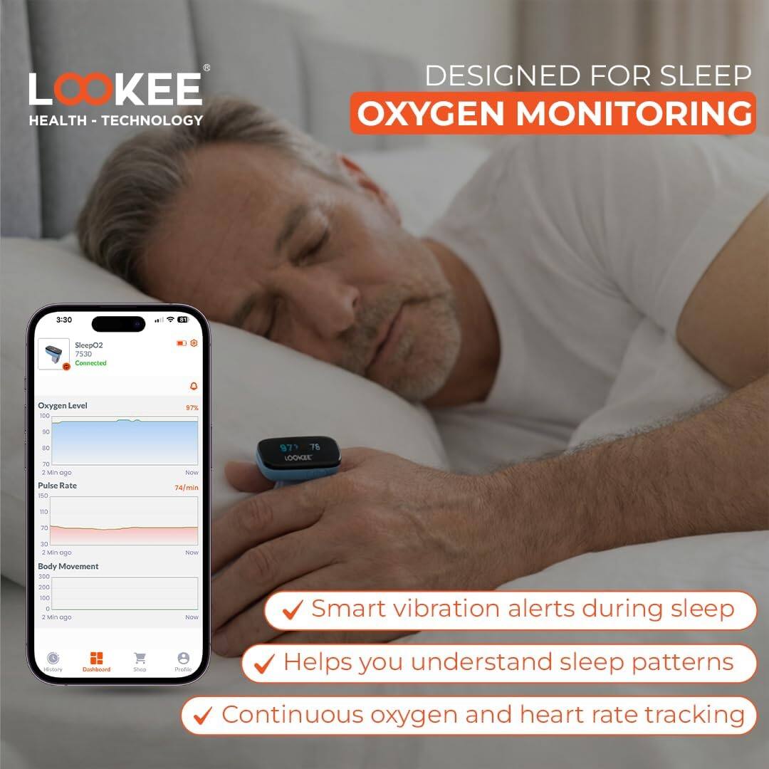 LOOKEE HEALTH - TECHNOLOGY DESIGNED FOR SLEEP OXYGEN MONITORING

- SleepO2 7530 Connected
- Oxygen Level: 97%
- Pulse Rate: 74/min
- Body Movement

Features:
- Smart vibration alerts during sleep
- Helps you understand sleep patterns
- Continuous oxygen and heart rate tracking