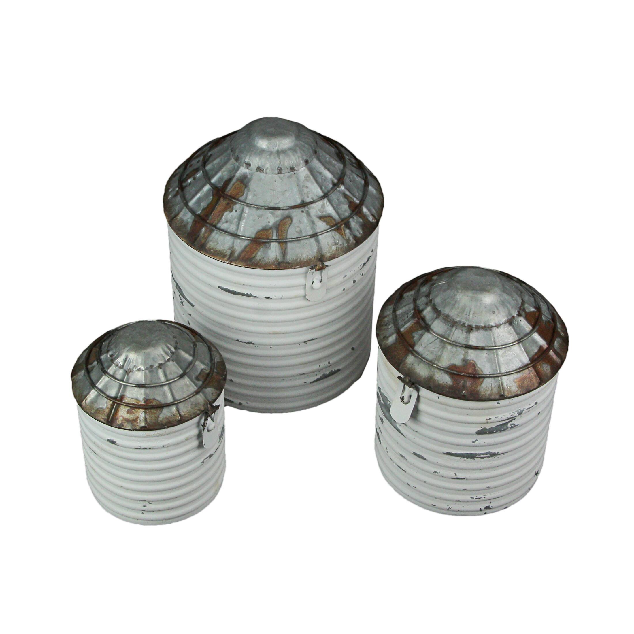 Alt View 1. Zeckos - Vintage White Farmhouse Style Galvanized Decorative Tin Silo Canister Set of 3 - White.