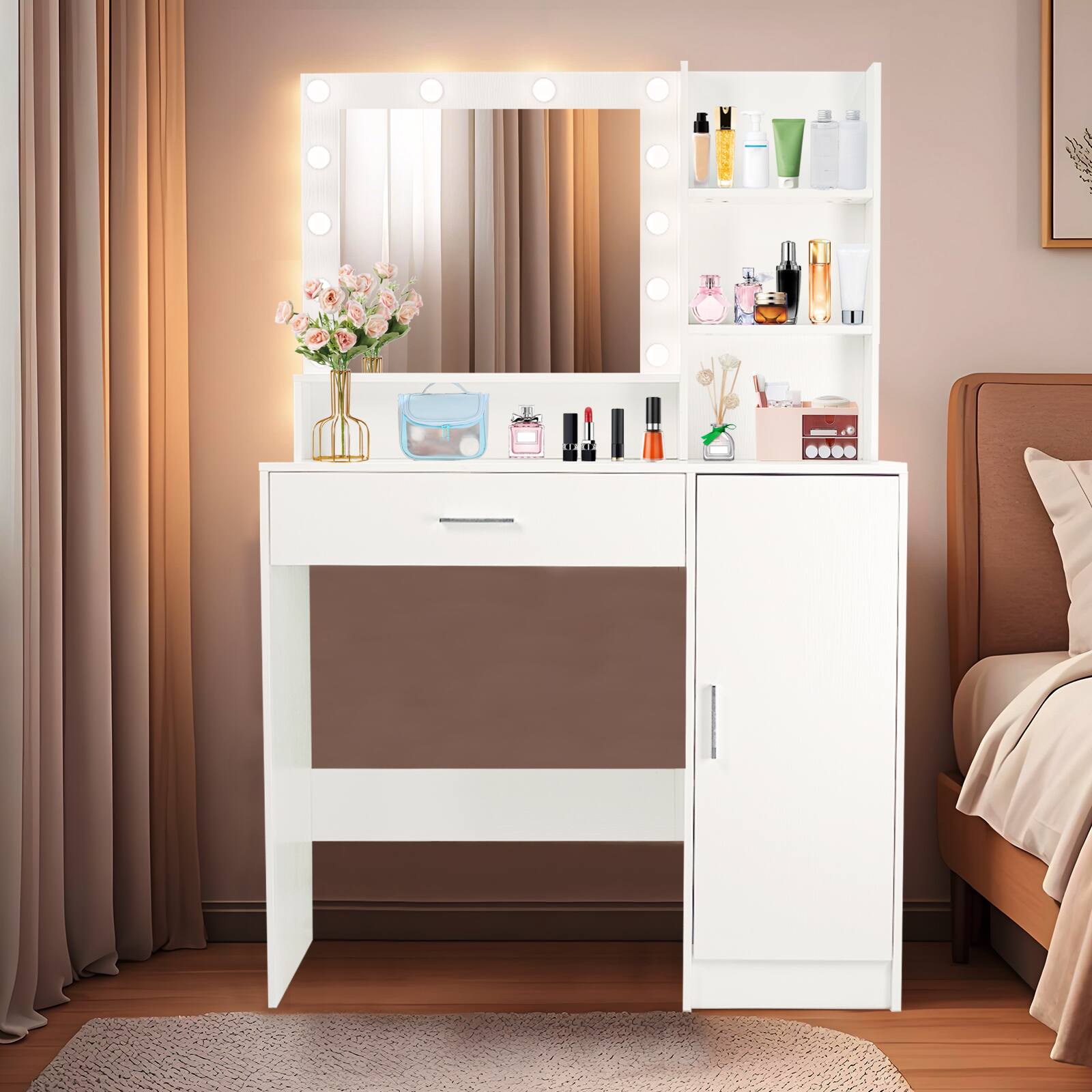 Alt View 10. Ecooso - Vanity Desk with Mirror, 3 Lighting Modes, Adjustable Brightness, Drawer & Open Shelves - White.