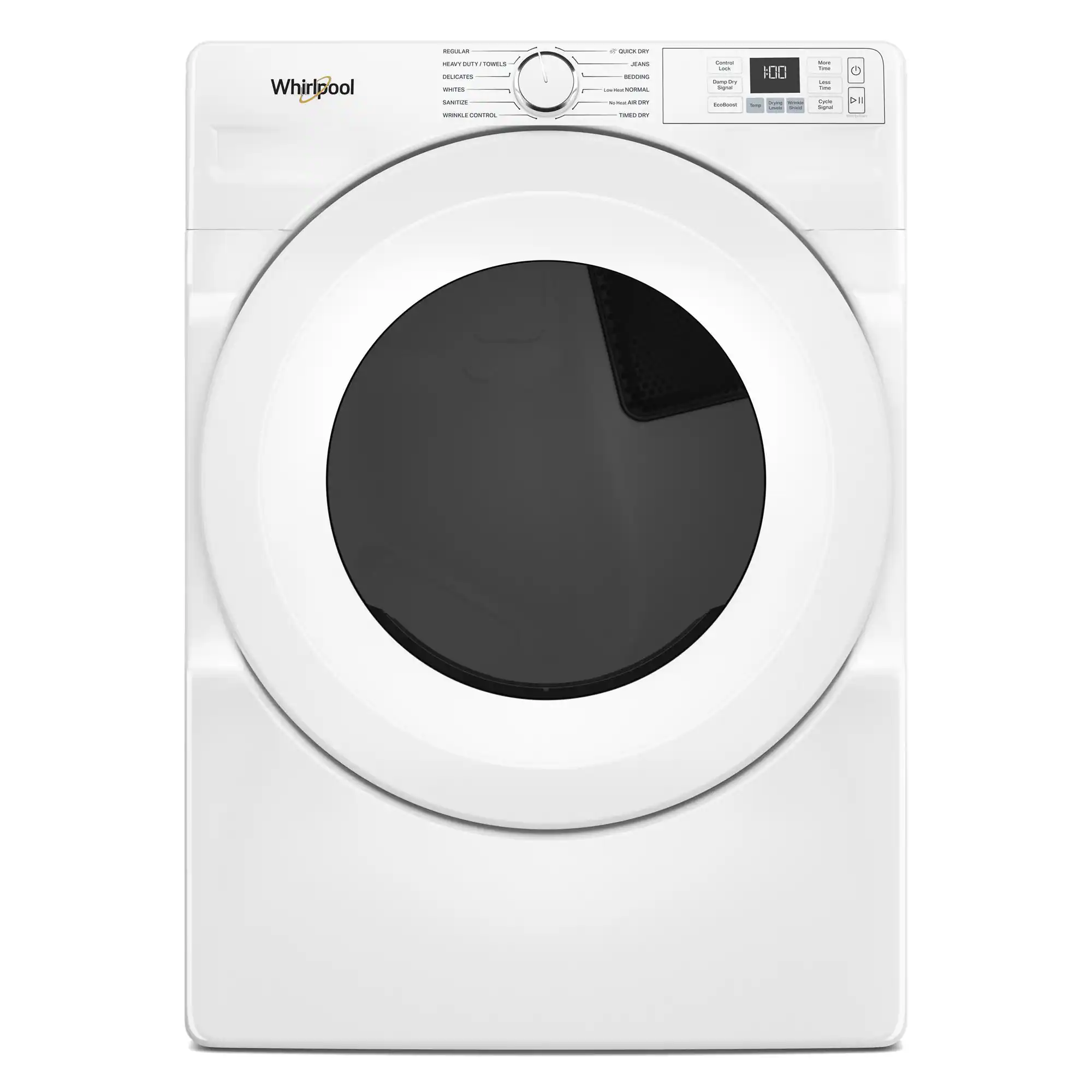 Whirlpool washing machine with a black door and a digital display.