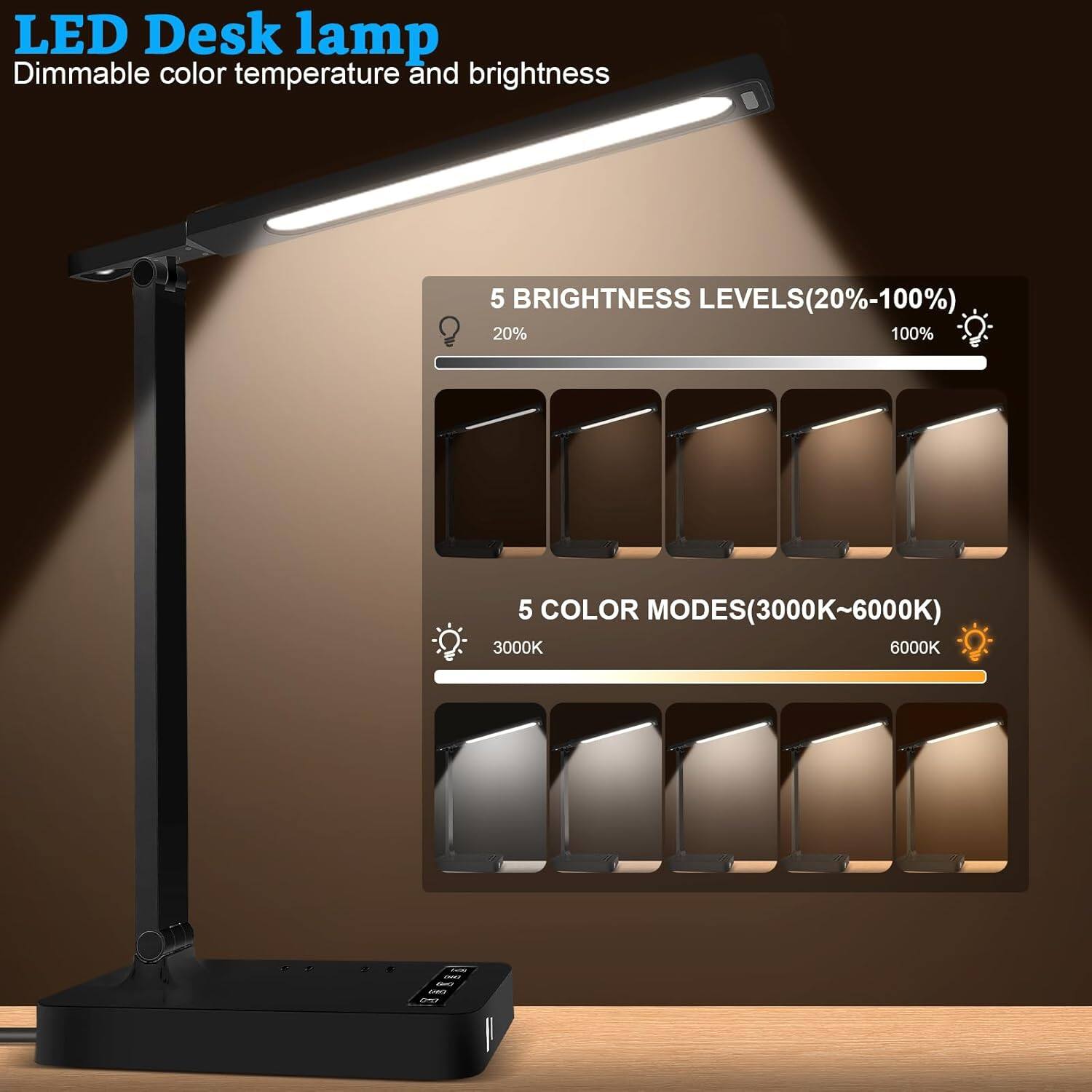 LED Desk Lamp  
Dimmable color temperature and brightness  

5 Brightness Levels (20%-100%)  
20% 100%  

5 Color Modes (3000K-6000K)  
3000K 6000K