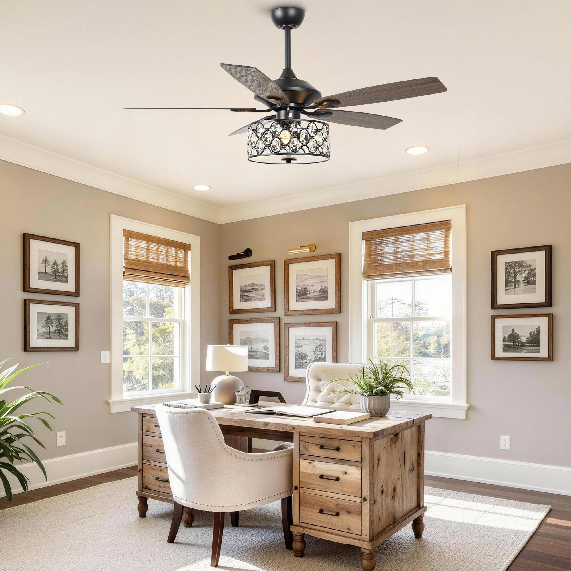 Back. Parrot Uncle - 52" Modern Silver 5-Blade Crystal Ceiling Fan with Remote Control - Black.