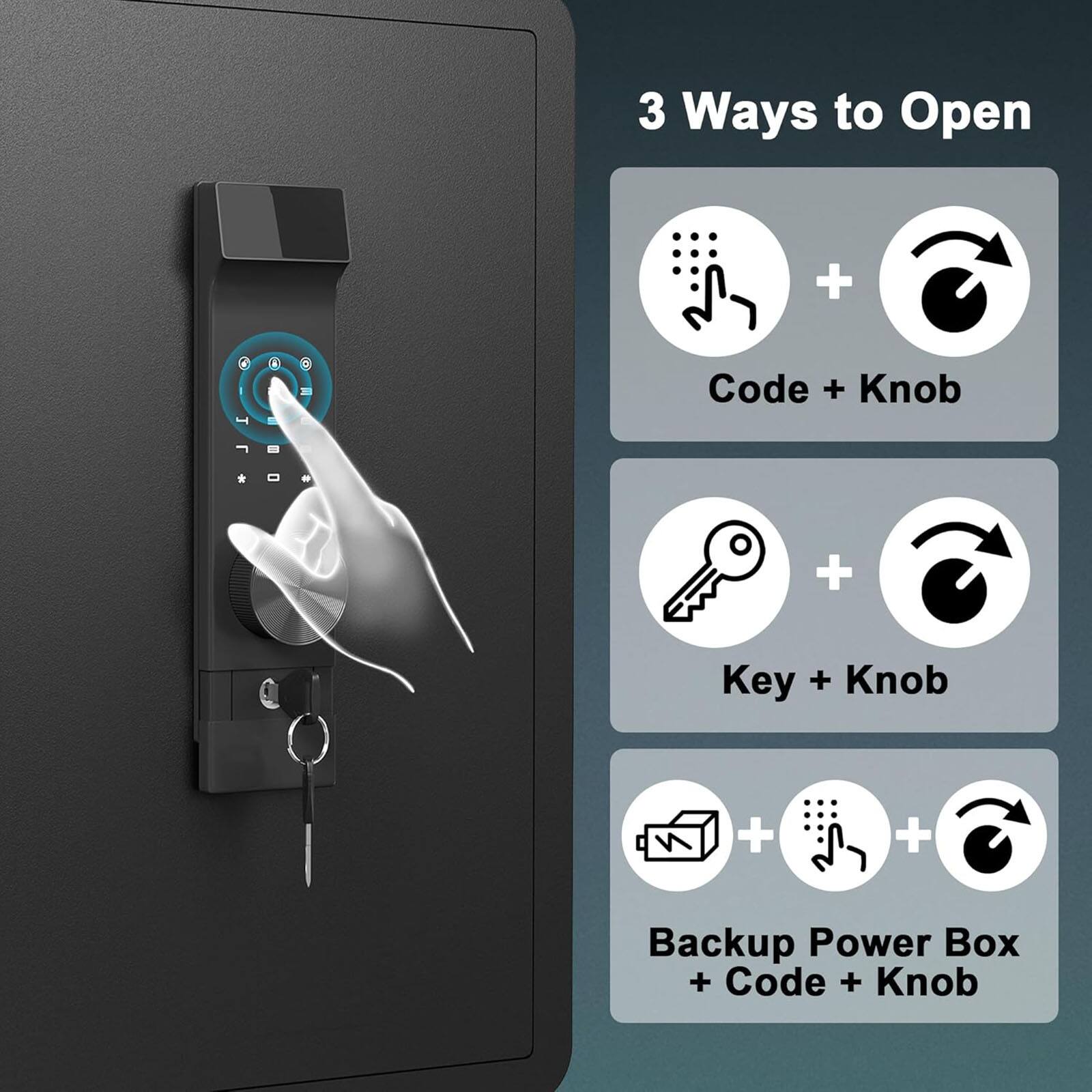 3 Ways to Open

- Code + Knob
- Key + Knob
- Backup Power Box + Code + Knob