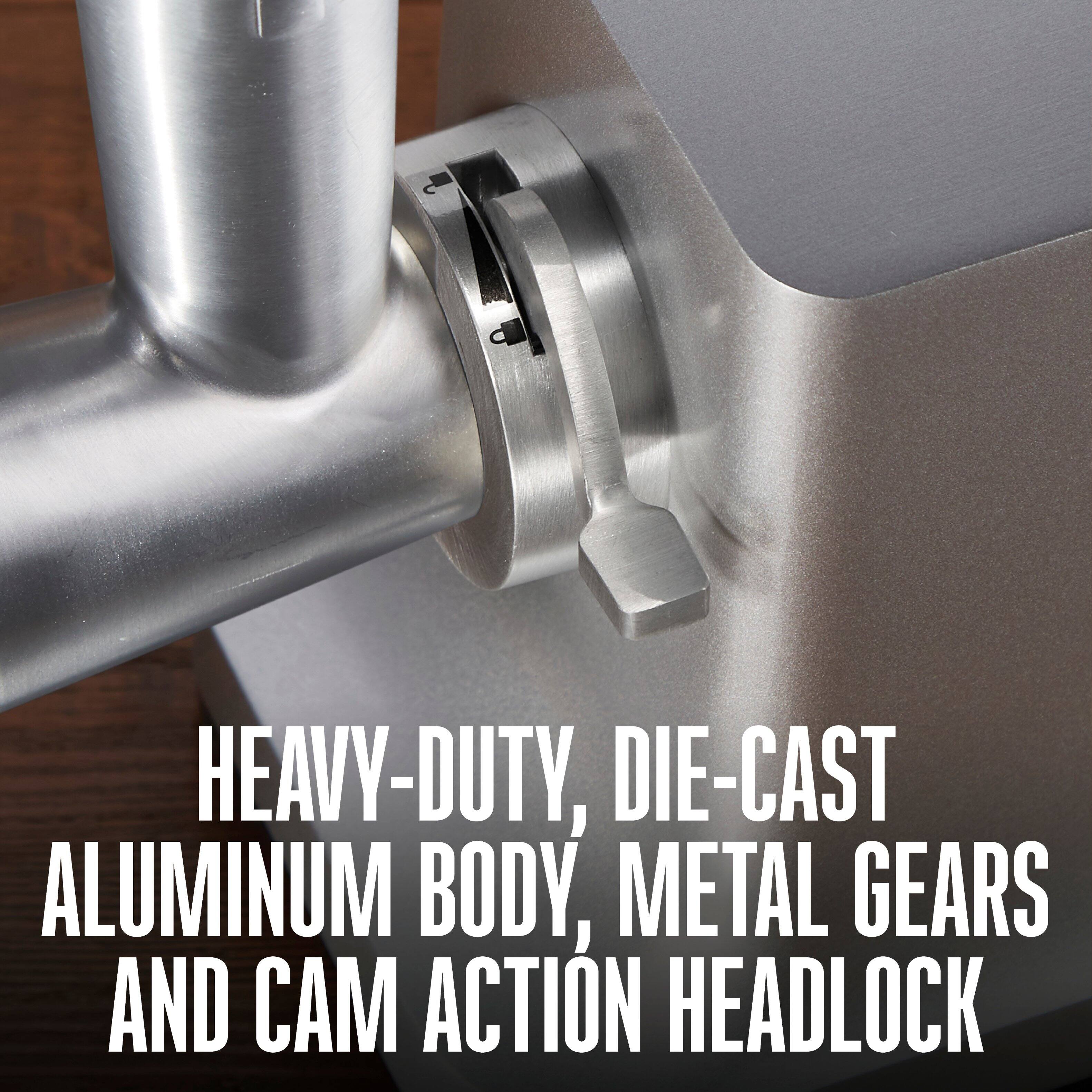 HEAVY-DUTY, DIE-CAST ALUMINUM BODY, METAL GEARS AND CAM ACTION HEADLOCK