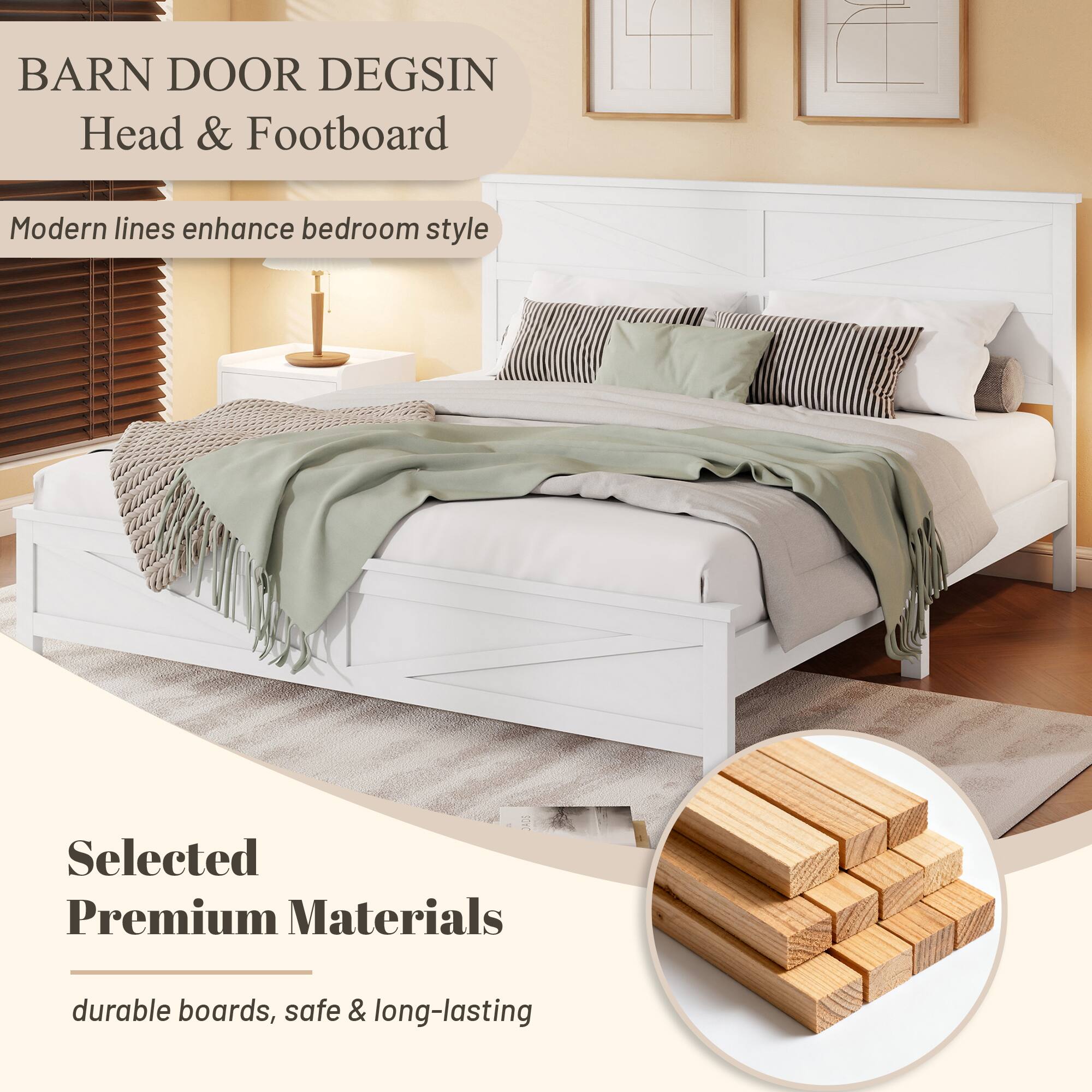BARN DOOR DESIGN  
Head & Footboard  

Modern lines enhance bedroom style  

Selected Premium Materials  
durable boards, safe & long-lasting