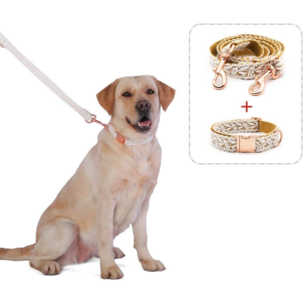 Alt View 1. MOSZAR LLC - Cotton Lace Dog Collar & Leash Set – Handmade, Adjustable 4–5 ft, Comfortable - Brown (2pcs collar+leash, width:1").