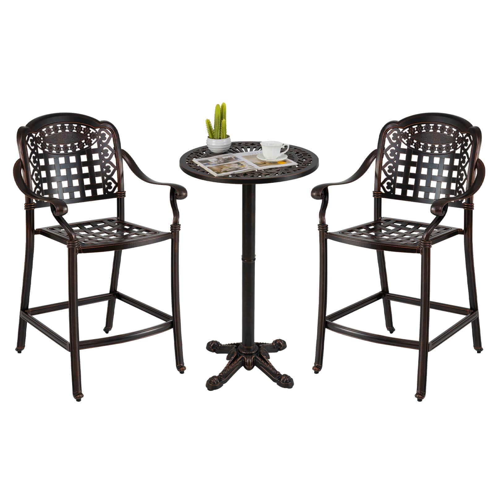 Costway - 3 PCS Outdoor Cast Aluminum Round High Top Table & 2 Counter Height Bar Stools - Bronze