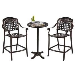 Costway - 3 PCS Outdoor Cast Aluminum Round High Top Table & 2 Counter Height Bar Stools - Bronze