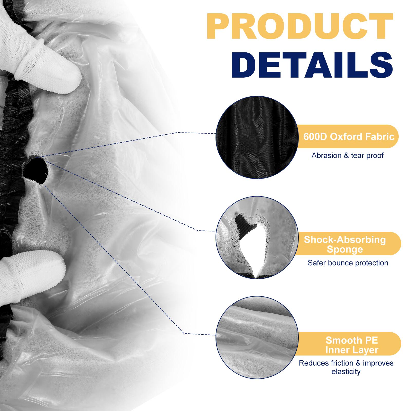 PRODUCT DETAILS

- 600D Oxford Fabric
  - Abrasion & tear proof

- Shock-Absorbing Sponge
  - Safer bounce protection

- Smooth PE Inner Layer
  - Reduces friction & improves elasticity