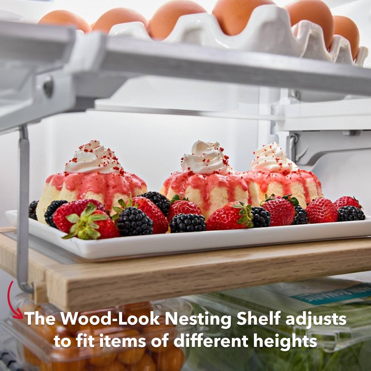 The Wood-Look Nesting Shelf adjusts to fit items of different heights