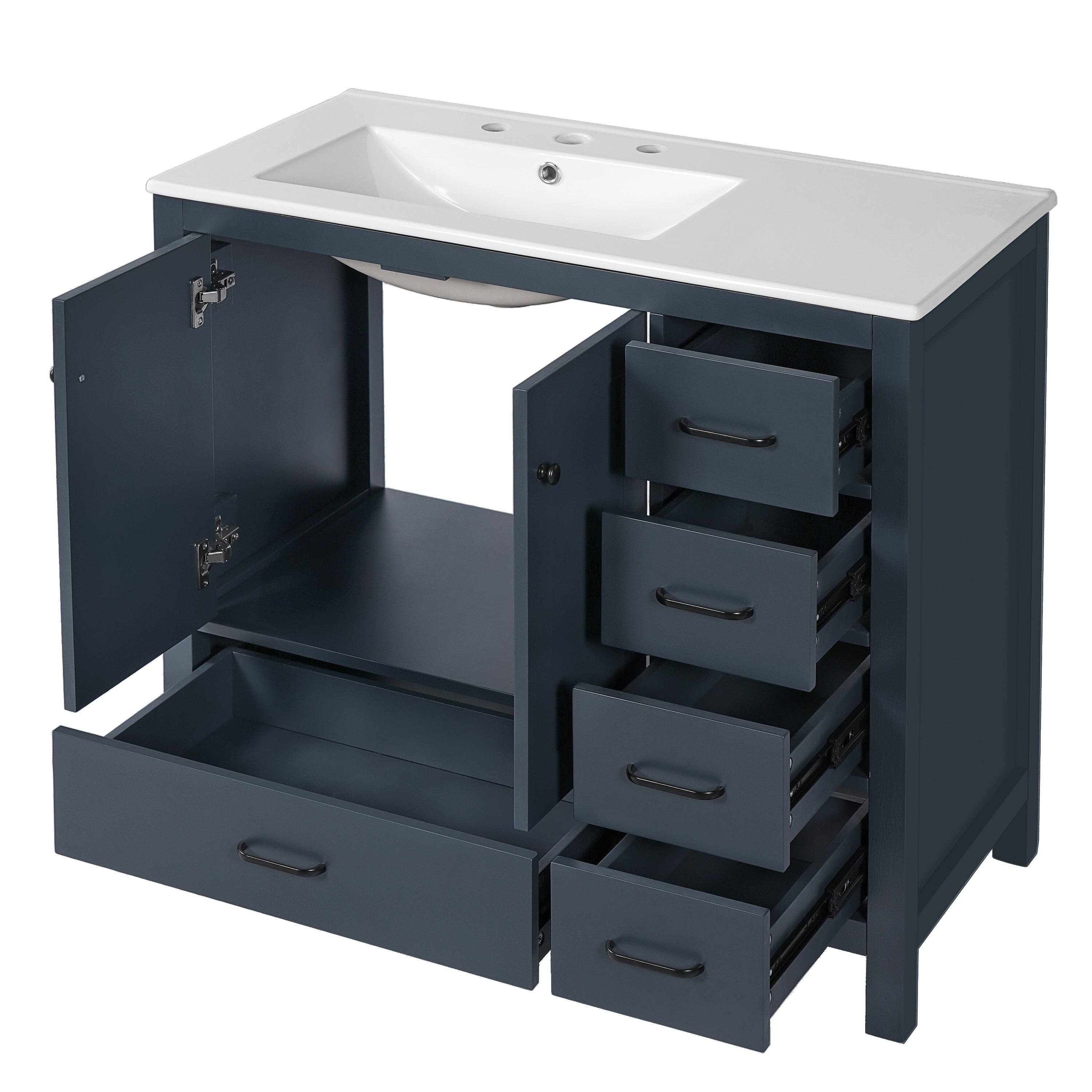 Left. Boyel Living - 36 Inch Blue Bathroom Vanity with Ceramic Sink, 2 Soft Close Doors, 5 Drawers - Gray.
