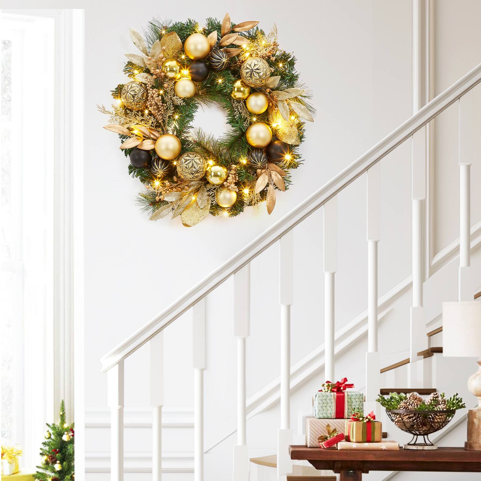 Alt View 1. Jojoka - 22 Inch Artificial Christmas Wreath Pre-Lit Lighted Christmas Wreath for Grand Entryway and Entrance Displays - Green.