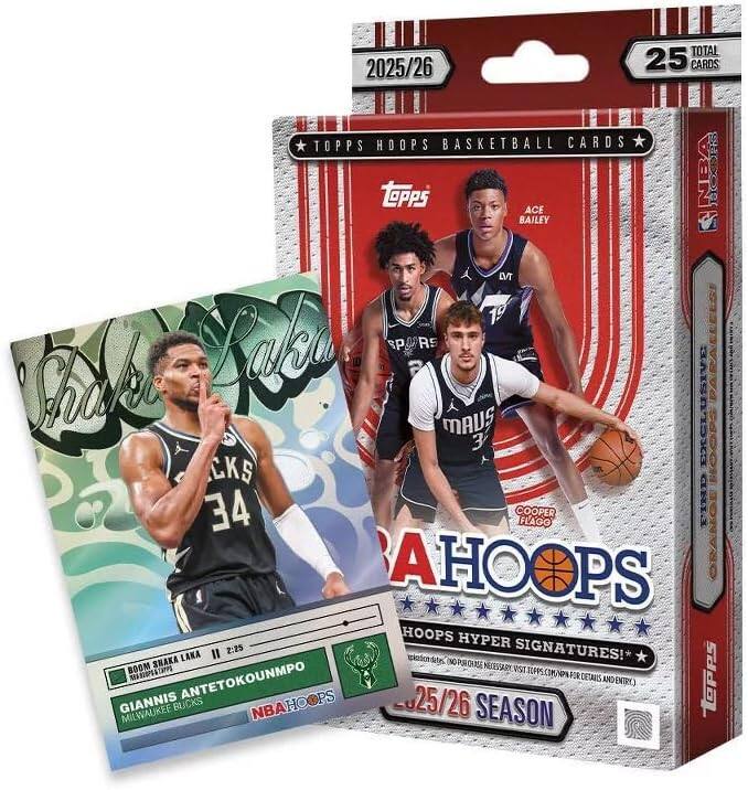 2025/26  
TOTAL 25 CARDS  
TOPPS HOOPS BASKETBALL CARDS  
ACE BAILEY EVT 7 MA MAR SPORS CKS MAUS 3 LAD EXCLUSIVE 34 COOPER FLAGG AHOOPS HOOPS HYPER LAKA II 2:25 SIGNATURES!*  
SHAKA spiration-dates (NOPURCHASE NECESSARY VST TOPPS.COM/NPN MAXSDOPS& TAPPS ANTETOKOUNMPO DETAILS DENTRY.)  
topps GIANNIS MILWAUKEE BUCKS NBAHOOPS 25/26 SEASON