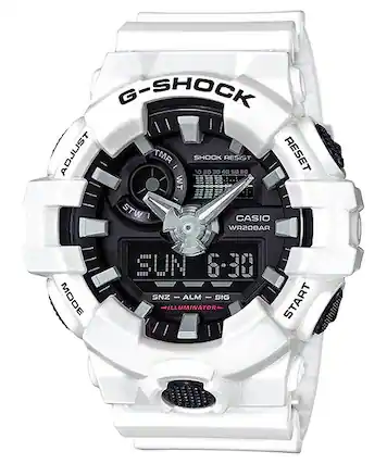 G-SHOCK
ADJUST
TMR
SHOCK RESIST
RESET
WT
STW
CASIO
WR20BAR
MODE
SUN 6-30
SNZ - ALM - SIG
ILLUMINATOR
START