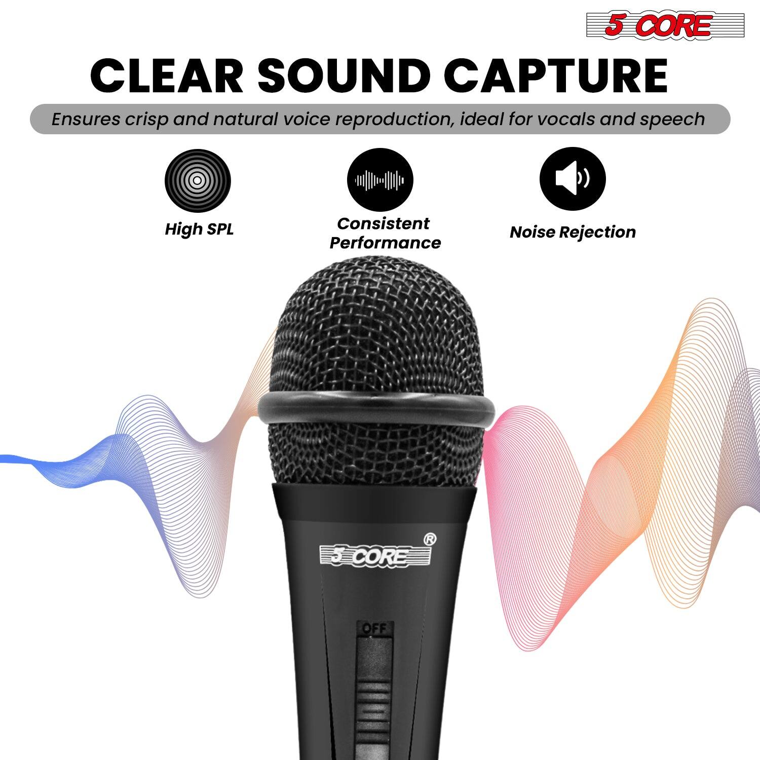 5 CORE CLEAR SOUND CAPTURE
Ensures crisp and natural voice reproduction, ideal for vocals and speech
High SPL Consistent Performance Noise Rejection
5 CORE OFF
