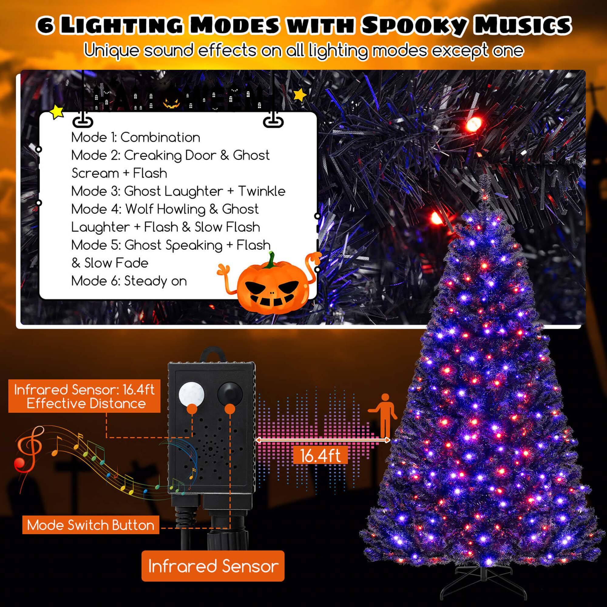 6 Lighting Modes with Spooky Music: Unique sound effects on all lighting modes except one.

1. Mode 1: Combination
2. Mode 2: Creaking Door & Ghost Scream + Flash
3. Mode 3: Ghost Laughter + Twinkle
4. Mode 4: Wolf Howling & Ghost Laughter + Flash & Slow Flash
5. Mode 5: Ghost Speaking + Flash & Slow Fade
6. Mode 6: Steady on

Infrared Sensor: 16.4ft Effective Distance

Mode Switch Button

Infrared Sensor