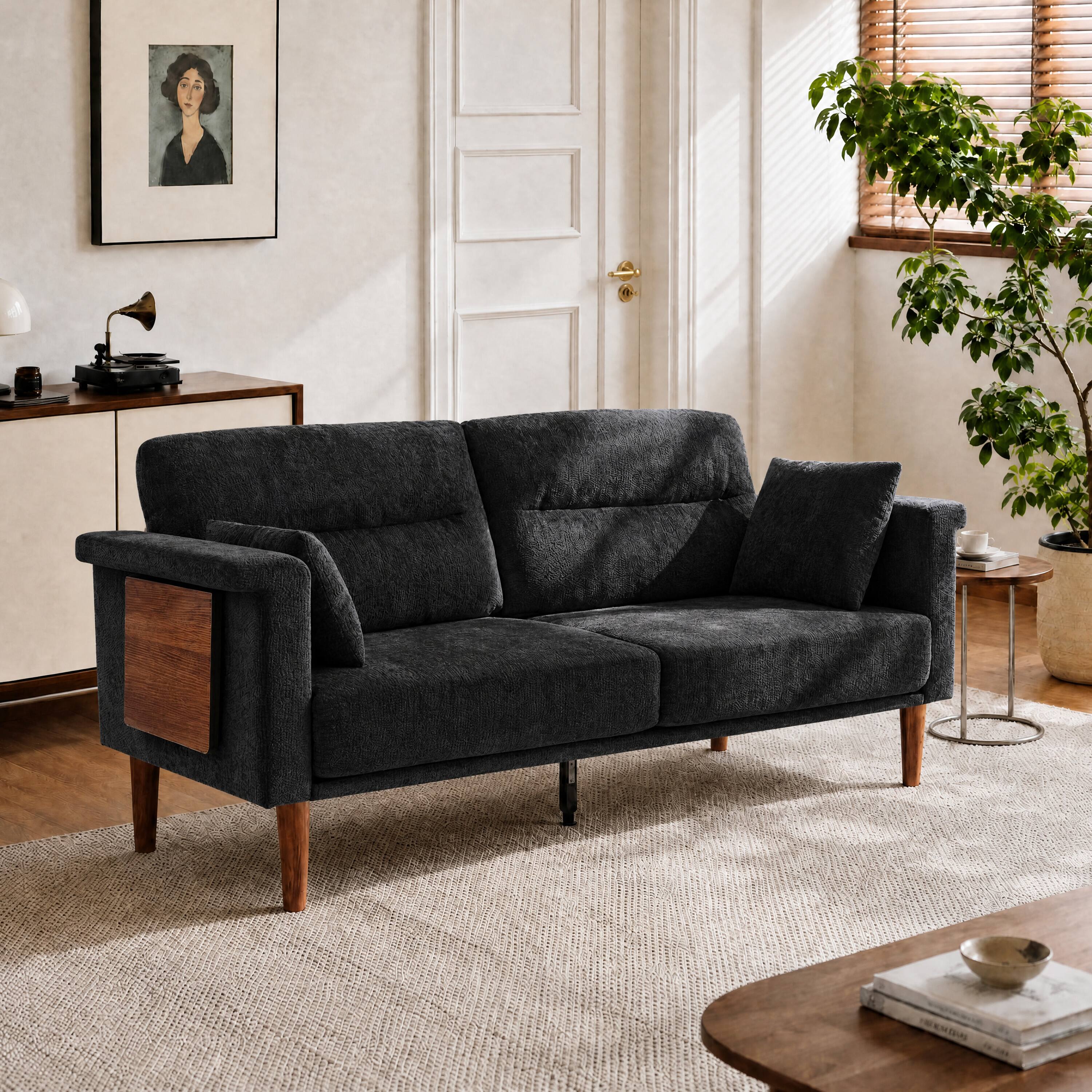Left. Vipbear - 69" Loveseat Sofa with Foldable Side Table, Modern Small Couches for Bedroom, Small Spaces, Dorms, Office, Apartment - Black.