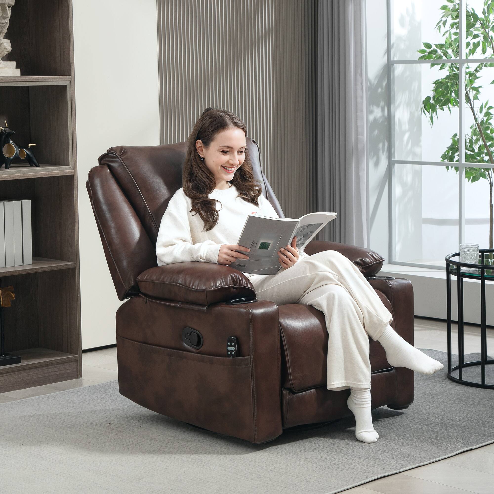 Alt View 1. Homcom - Swivel Rocker: PU Manual Recliner w/Massage+Heat, Oversized Sofa w/Footrest & Cup Holders - Brown.