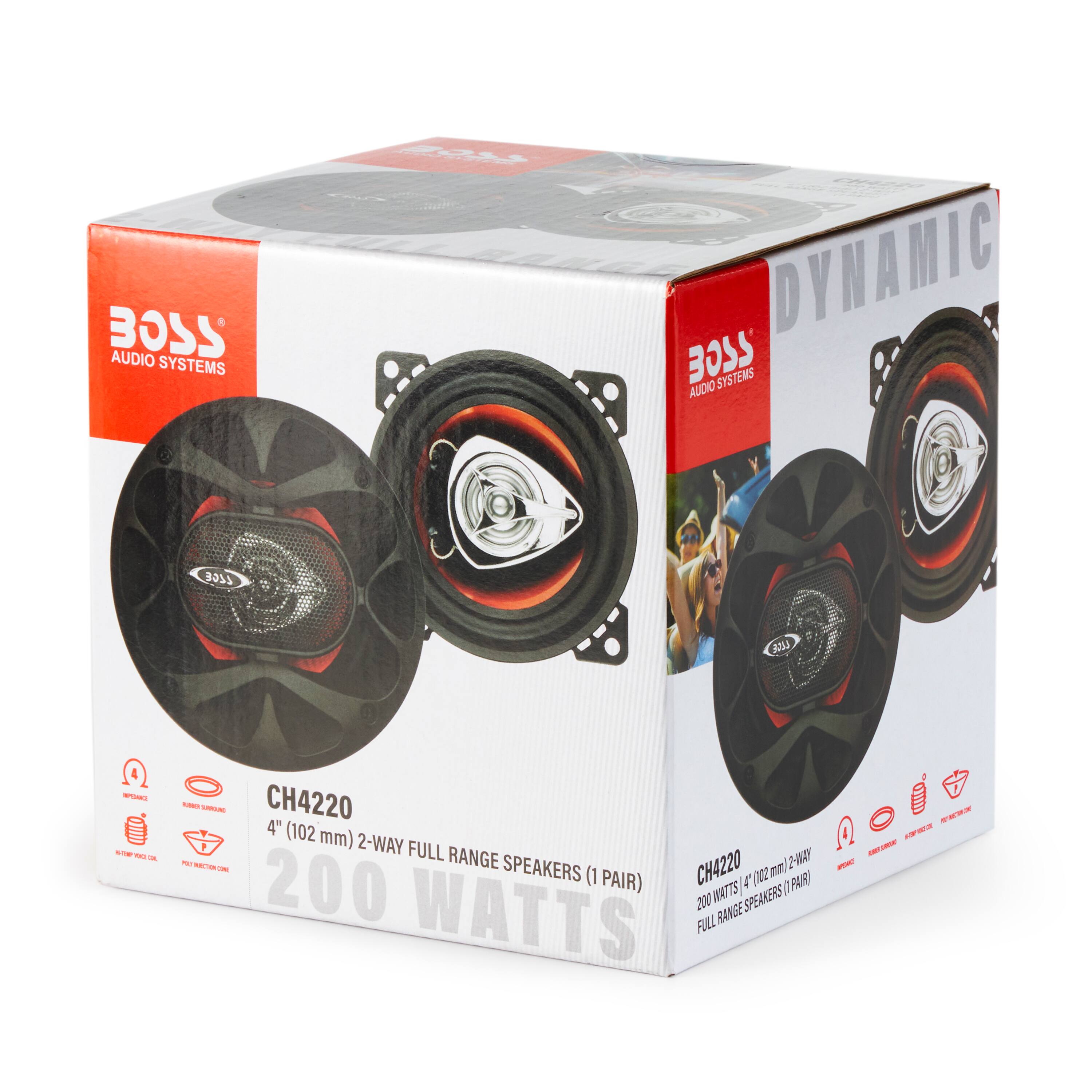 BOSS AUDIO SYSTEMS  
DYNAMIC  

CH4220  
4" (102 mm) 2-WAY FULL RANGE SPEAKERS (1 PAIR)  
200 WATTS  

- IMPACT  
- POWER SURGE  
- FULL RANGE  
- 200 WATTS  
- 4" (102 mm)  
- 2-WAY  
- FULL RANGE SPEAKERS (1 PAIR)