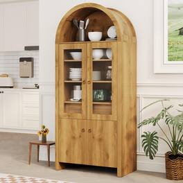 Qeetex - 71" Arched Farmhouse Kitchen Pantry Cabinet with Acrylic Doors, Hidden Drawer & Adjustable Shelves - Natural