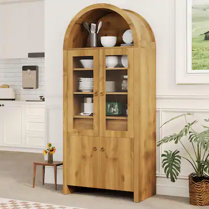 Front. Qeetex - 71" Arched Farmhouse Kitchen Pantry Cabinet with Acrylic Doors, Hidden Drawer & Adjustable Shelves - Natural.