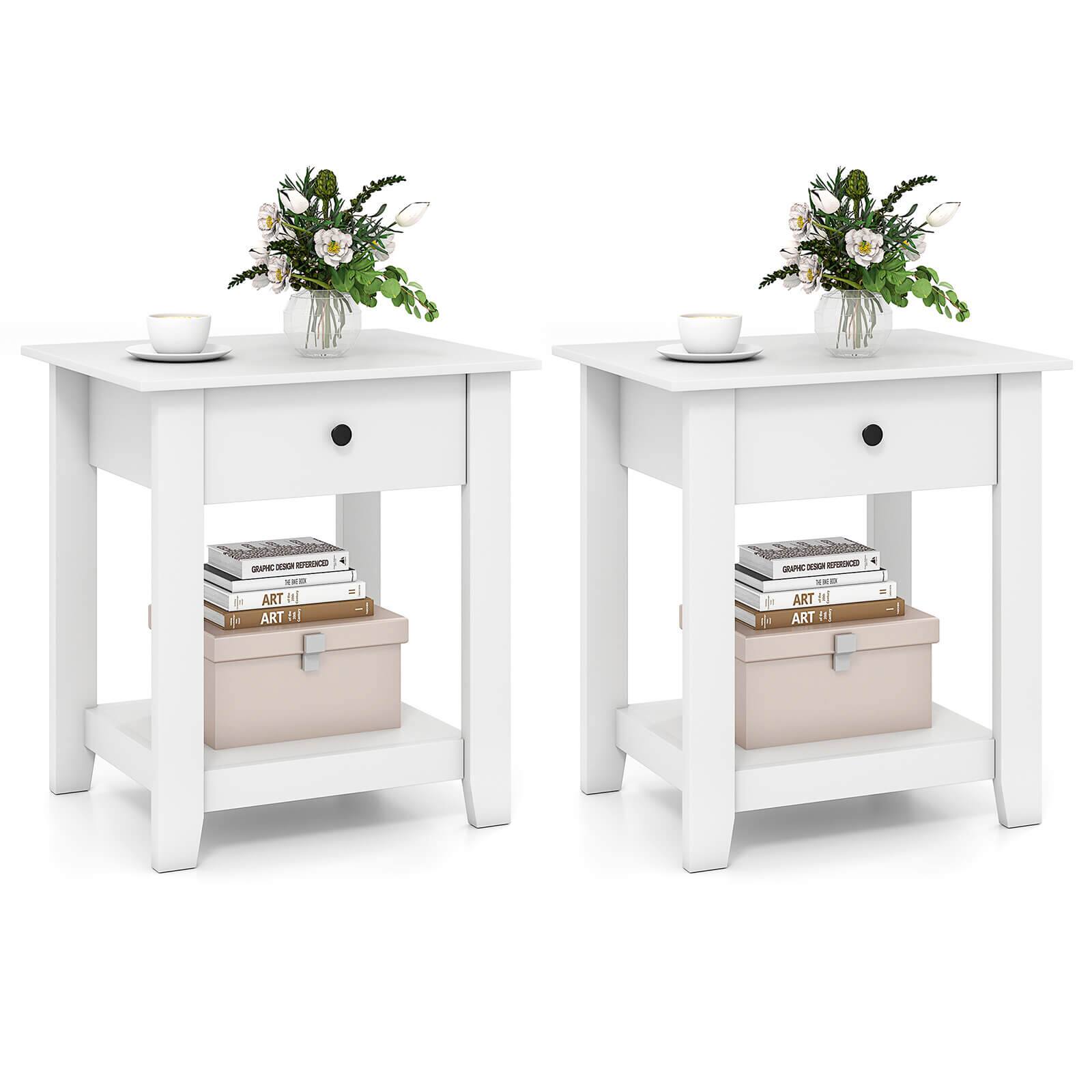 Costway - 2 PCS Nightstand with Drawer 3-Tier Modern Bedside Table with Open Shelf Storage - White