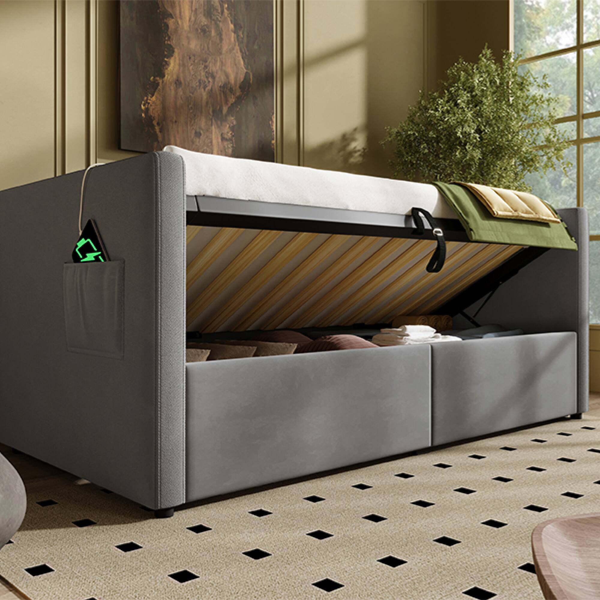 Alt View 9. GOODSILO - Upholstered Twin Size Daybed with Hydraulic Storage and USB Charging, Tufted Sofa Back Design - Gray.