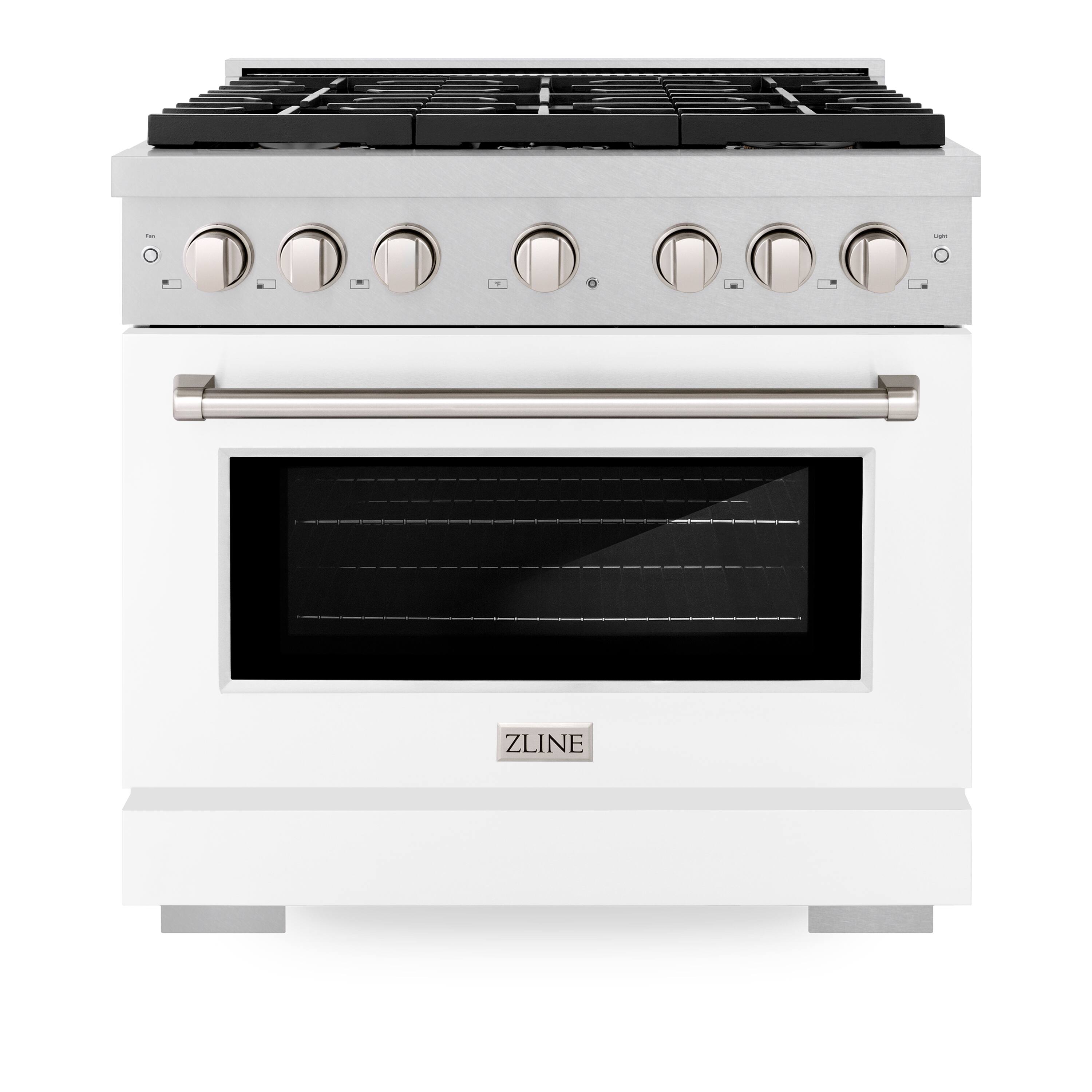 Front. ZLINE - ZLINE 36 in. Paramount Satin Steel Gas Range w/ 6 Burners & Convection Oven w/ White Door (SGRS-WM-36) - White.