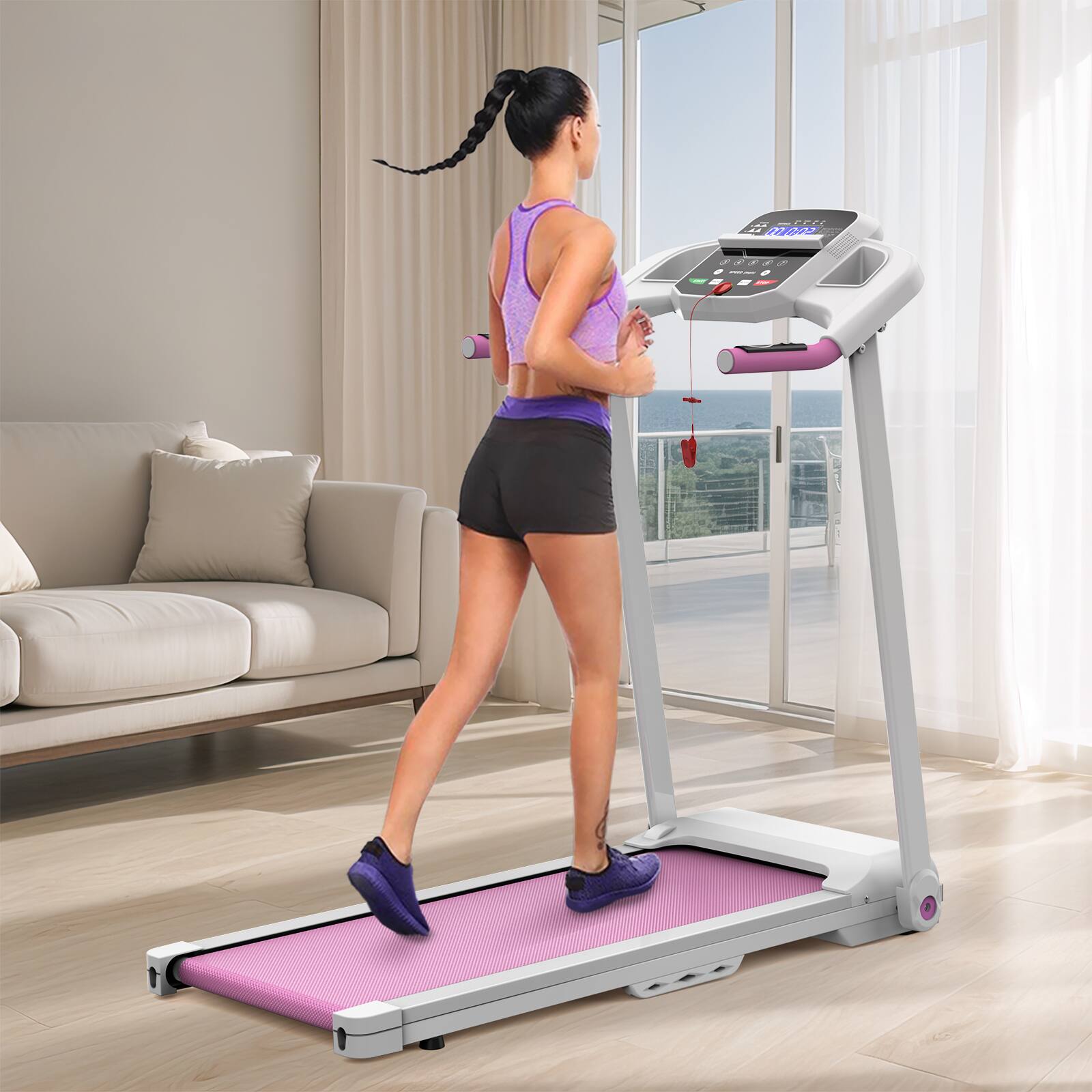 Angle. Tiramisubest - 2.5HP Foldable Electric Treadmill for Home Gym, Max 265 LBS Capacity - White|Pink.