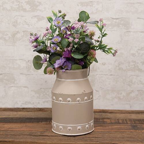 Angle. BreeBe - Distressed Metal Tan Beaded Accent Milk Can w/Handle - Multi.