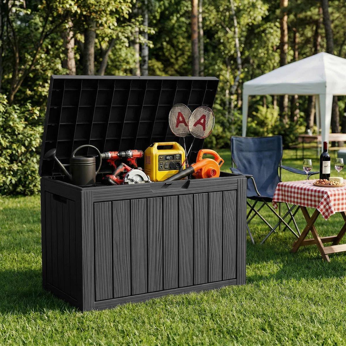 Angle. Yardgrace - 55 Gallon Water Resistant Resin Lockable Deck Box - 55 Gallon Black.