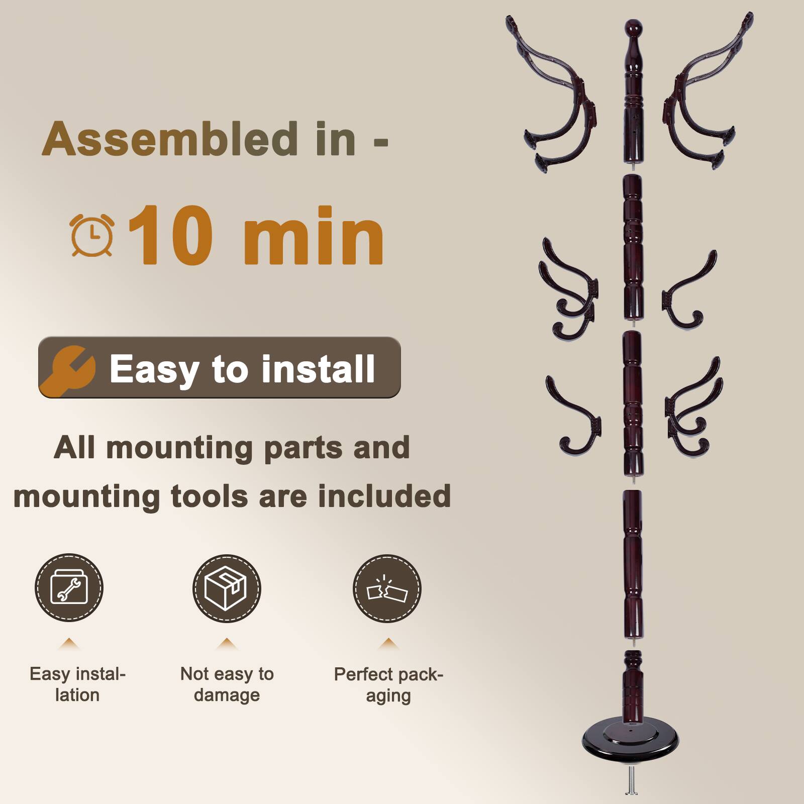 Alt View 2. Chateau Abodes - Solid Wood Coat Rack, Free Standing Hall Coat Tree with 14Hooks, 3 Height Options, 300lbs Load, Stury Base - Ruyi.